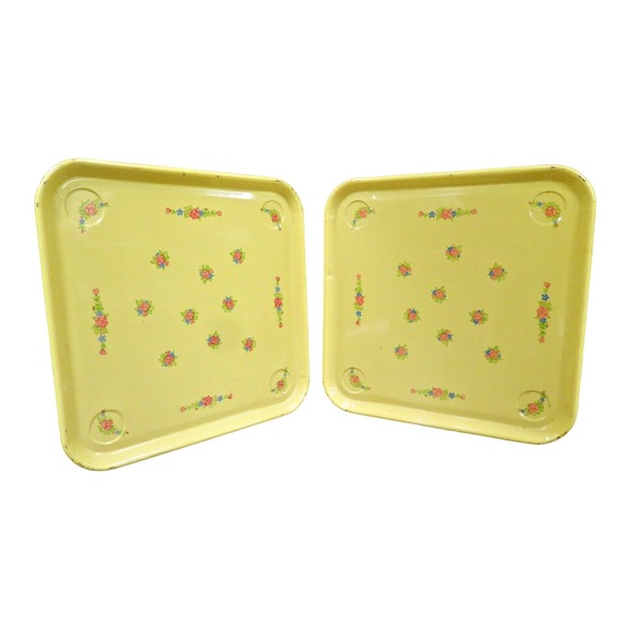 2 Mid Century Metal TV Lap Trays - Vintage Yellow Floral Roses 10.75" - Picture 1 of 4